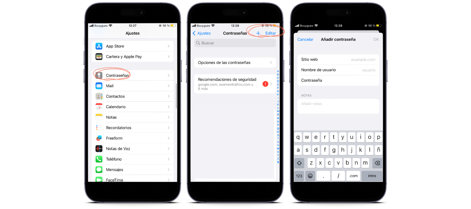 Procedimiento para agregar contraseñas manualmente